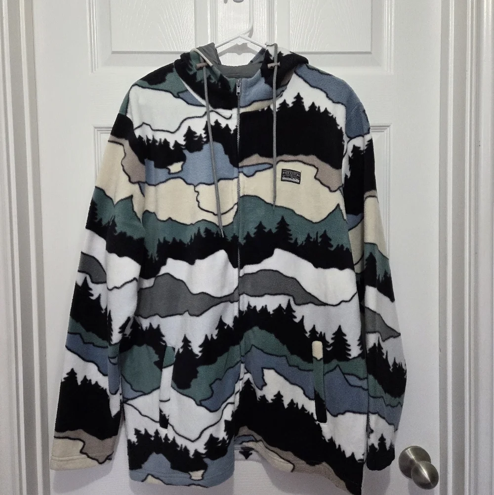 Free Nature Mountain Pattern Full Zip up Polar Fleece Hooded Jacket Size Large